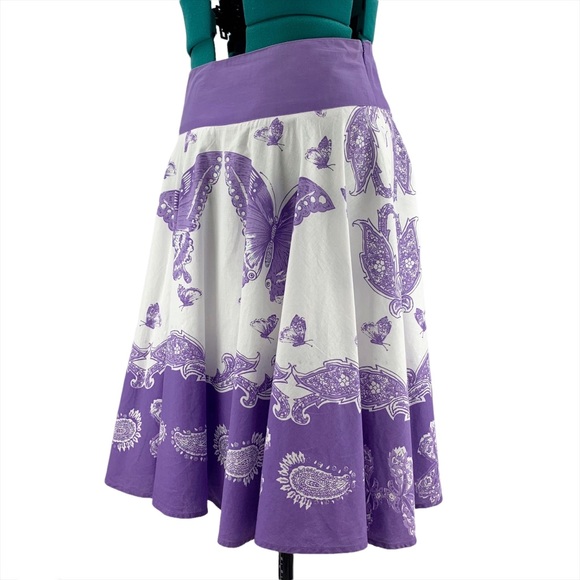 DKR & Co Purple and White Cotton Paisley Butterfly Patterned Circle Skirt, Large - Picture 2 of 14